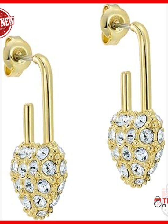Gold Crystal Heart Padlock Drop Earrings Hypoallergenic Post display picture 1